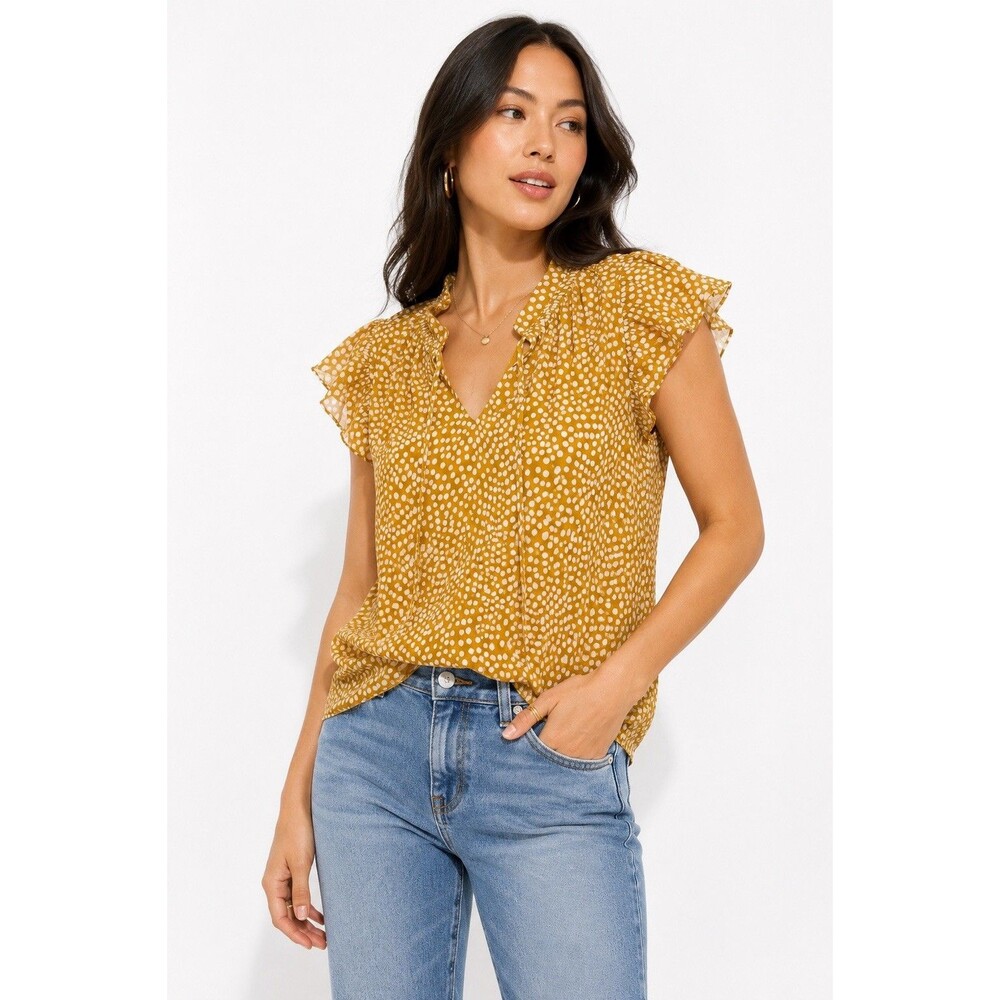 LC Lauren Conrad Mustard Polka Dot Ruffle Sleeve Blouse Womens Large Boho